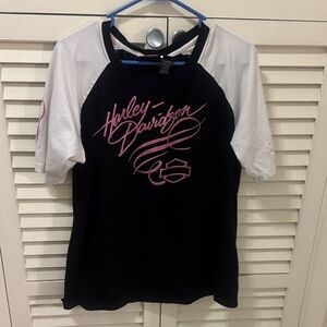Harley-Davidson Women's Black and White Tee with Pink Logo